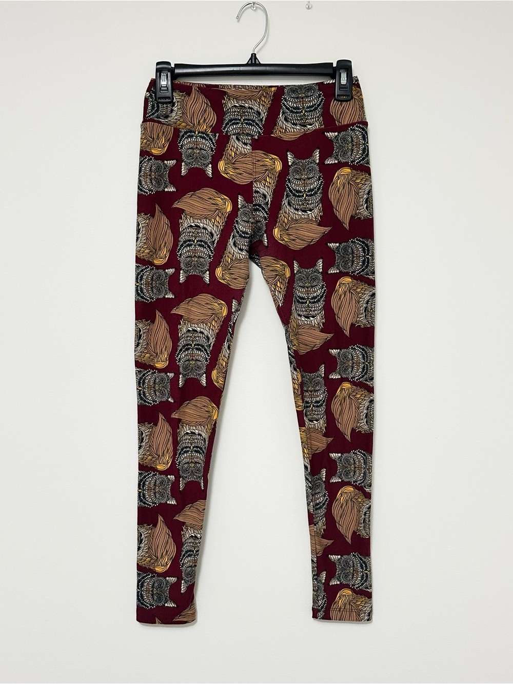 LuLaRoe OS One Size Burgundy Leggings with Mosaic Owl - Fox/Cat Print Whimsical